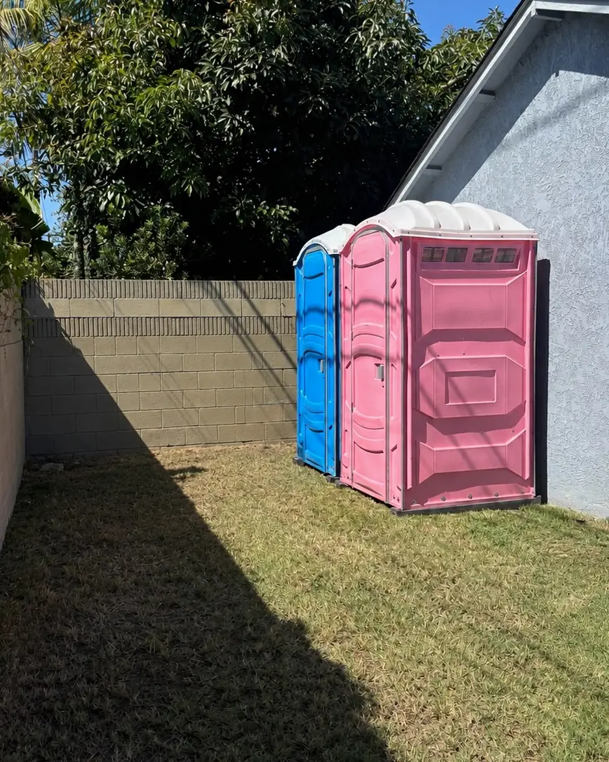 Portable toilets in a backyard
