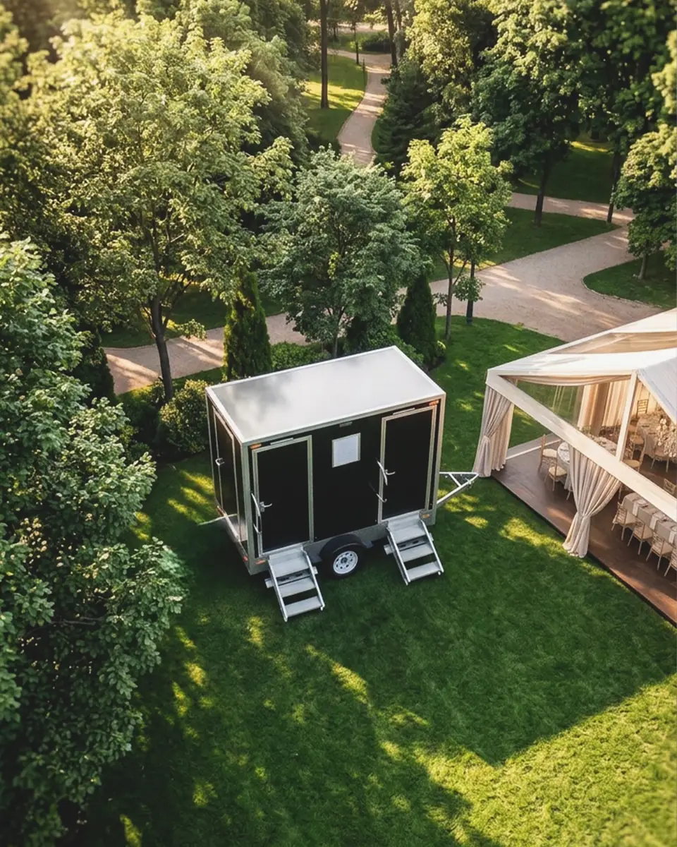 Aerial view of a small restroom trailer set on a green lawn beside trees and a deck